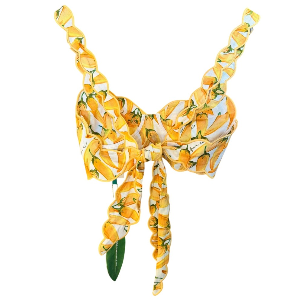 NWT $98 Farm Rio Med 100% Linen Yellow Chili Peppers Scalloped Crop Top Bralette - Picture 2 of 7